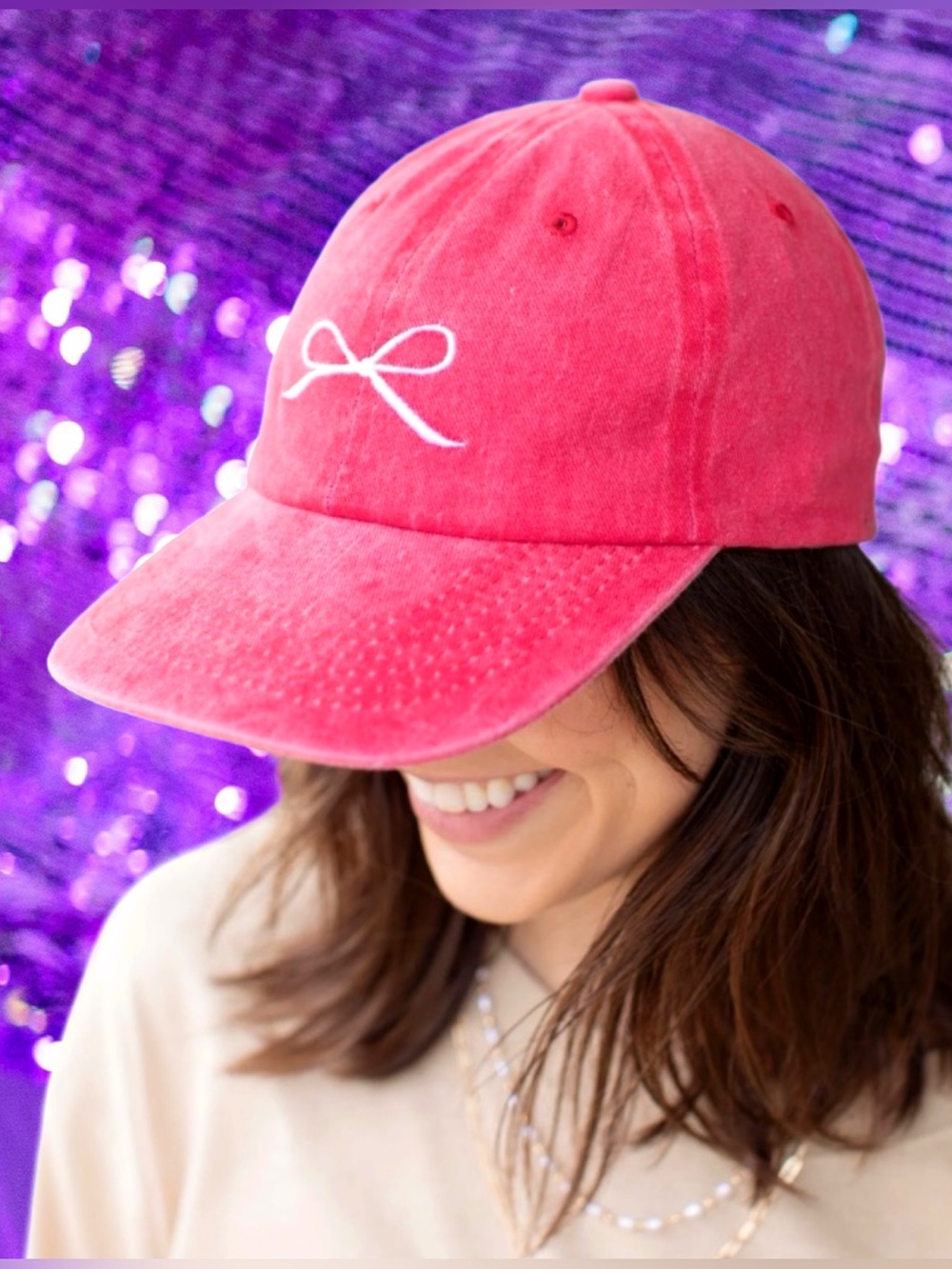 🆕Women’s Boutique Hot Pink Distressed Embroidered Bow-Tie Baseball Cap Hat❤️❤️